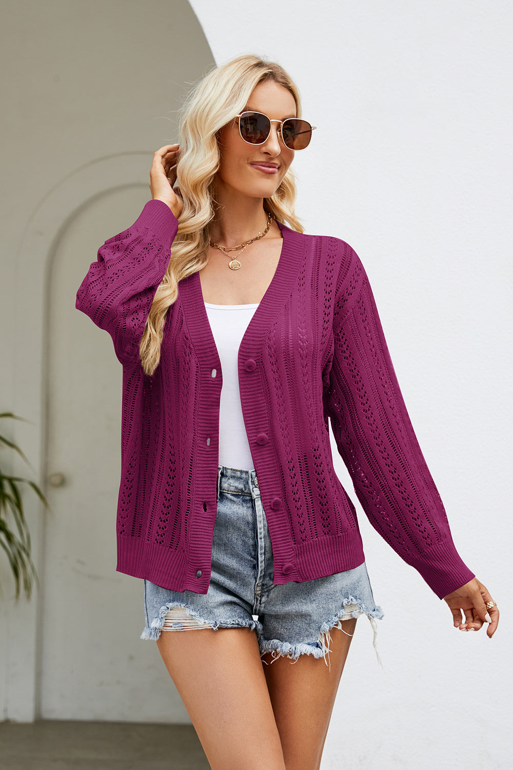 Openwork Button Front V-Neck Cardigan