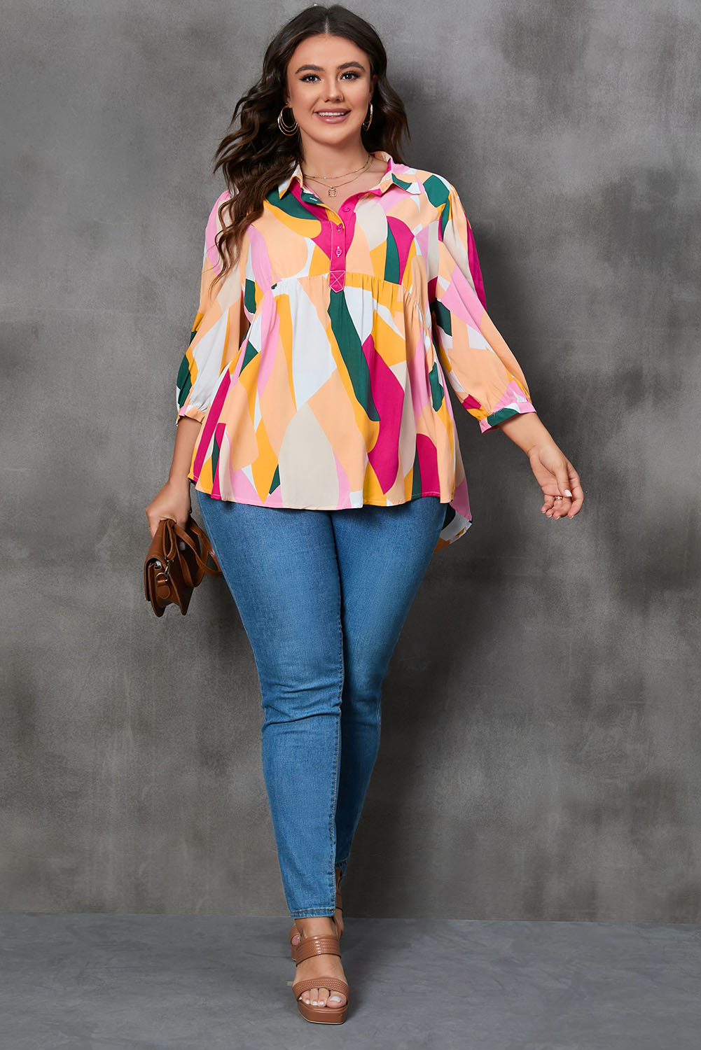 Plus Size Printed Collared Neck Half Button Top