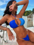 Blue chain detail halter neck bikini set worn outdoors