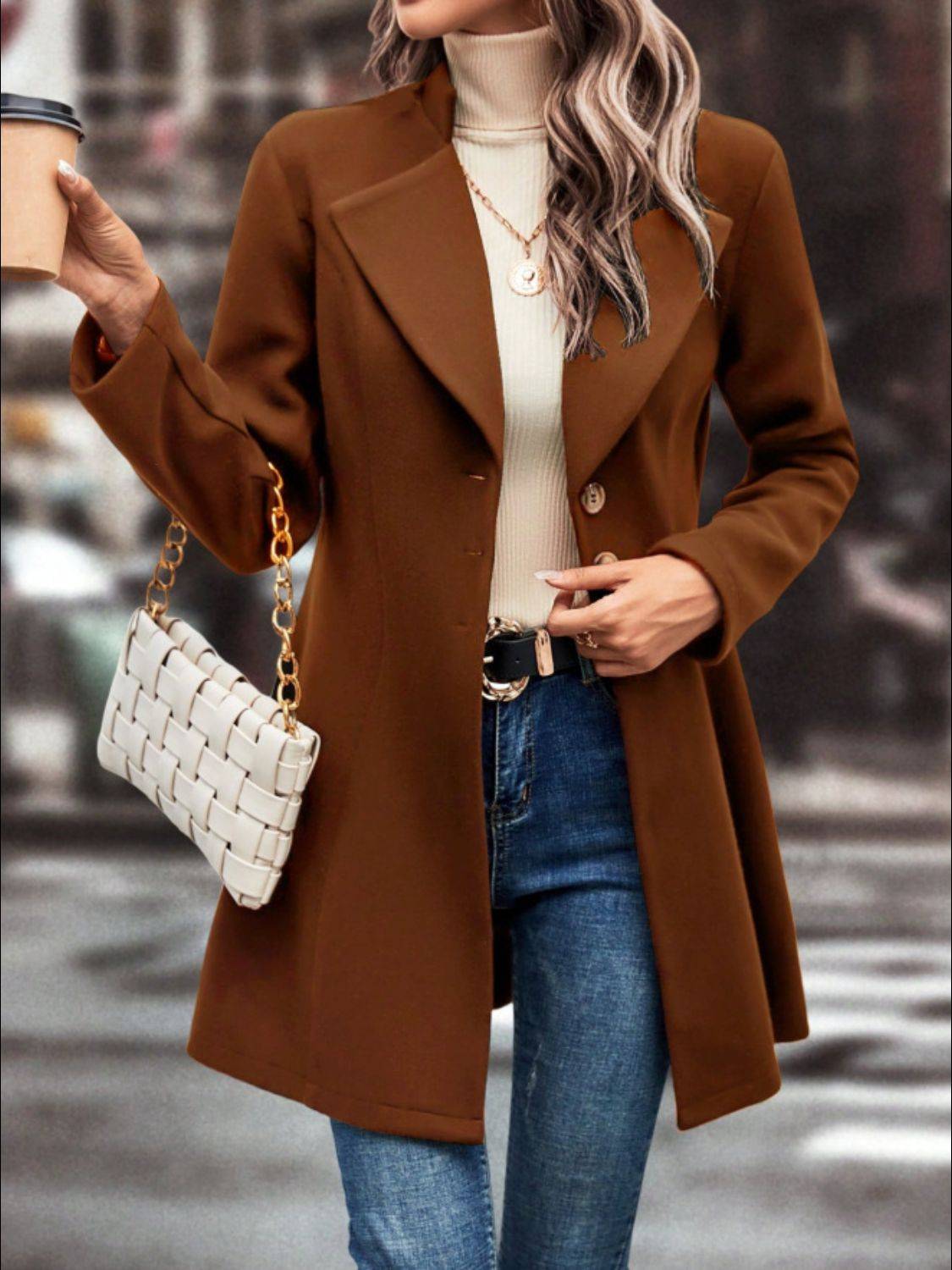 Collared Neck Button Up Long Sleeve Coat