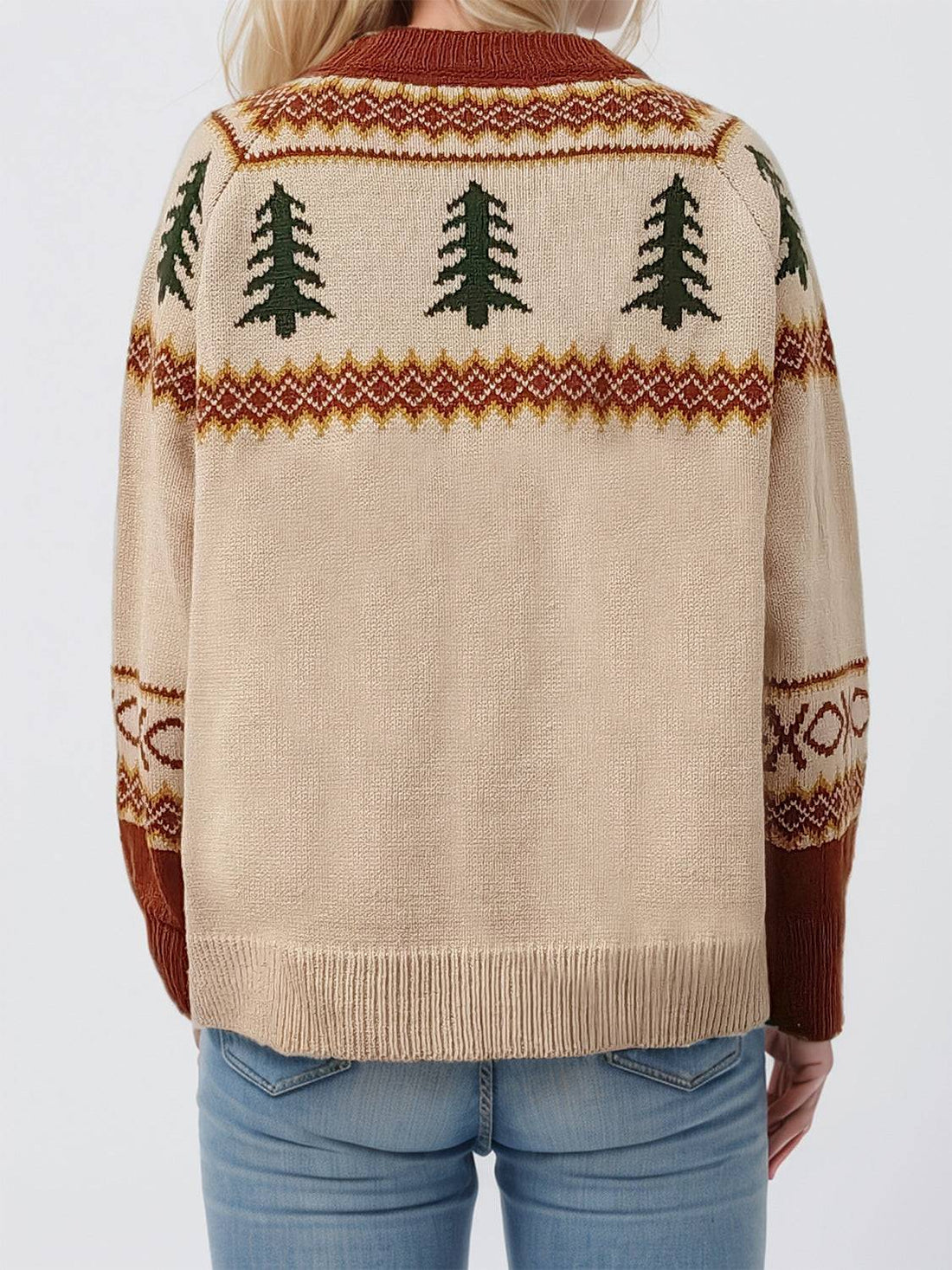 Graphic round neck sweater with tree design, back view