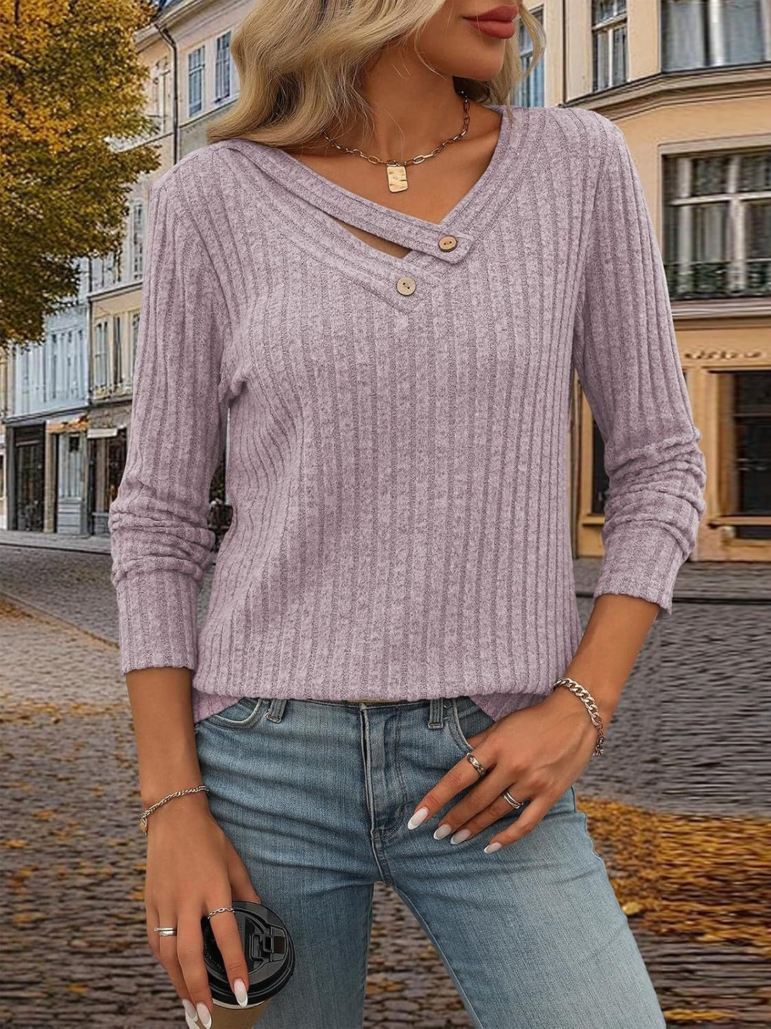 Ribbed V-Neck Long Sleeve T-Shirt