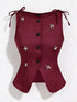 Button-Front Floral Decor Tie Shoulder Vest