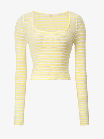 Yellow striped square neck long sleeve t-shirt, flat lay front