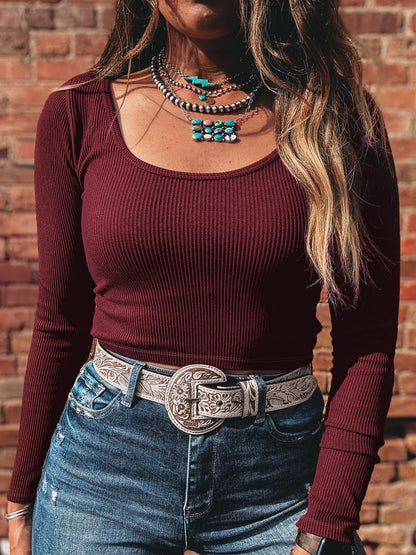 Ribbed Knit Long Sleeve Fitted T-Shirt