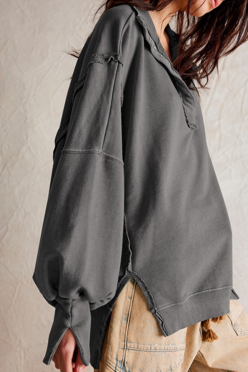 Exposed Seam Side Slit Long Sleeve Sweatshirt