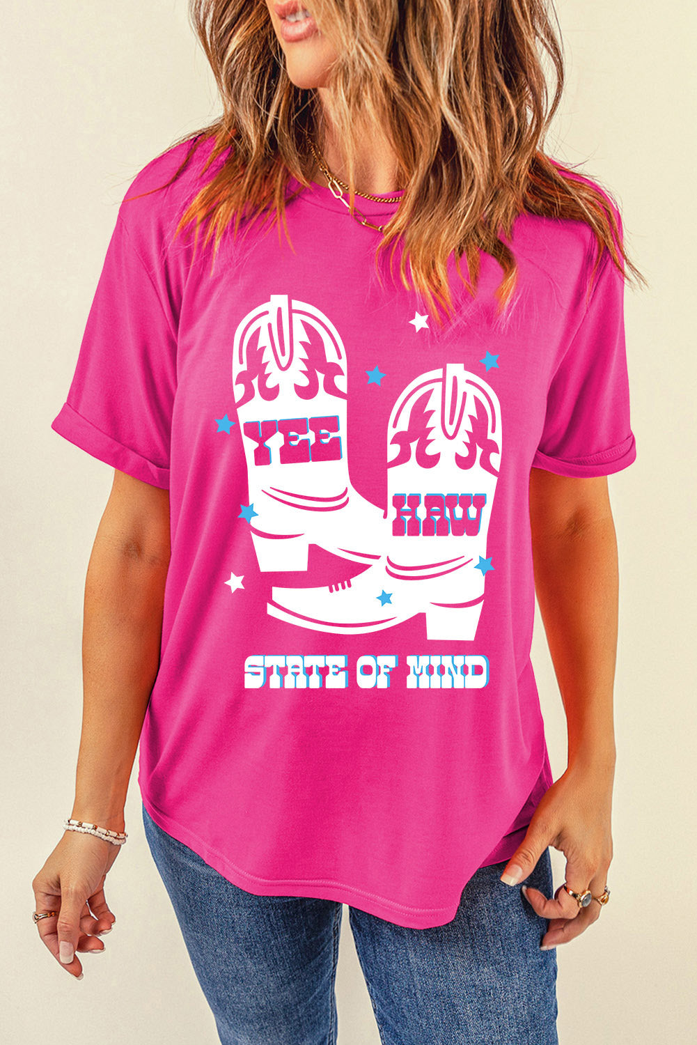 Pink graphic round neck short sleeve T-shirt with cowboy boots design