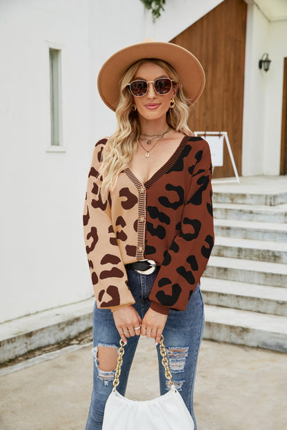 Mandy Leopard Button Up Dropped Shoulder Cardigan