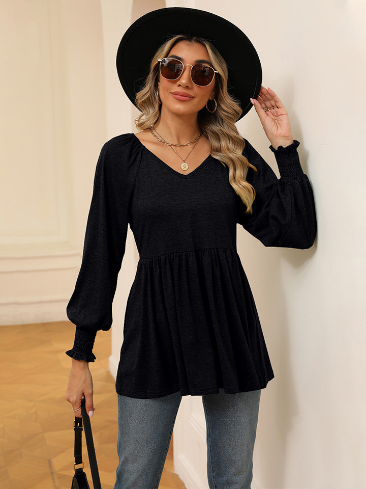 V-Neck Lantern Sleeve Blouse