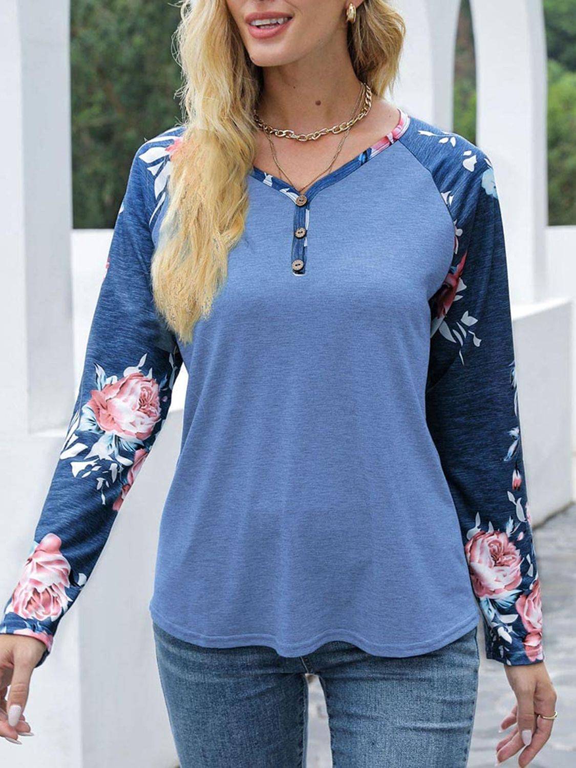 Blue floral long sleeve T-shirt, front view