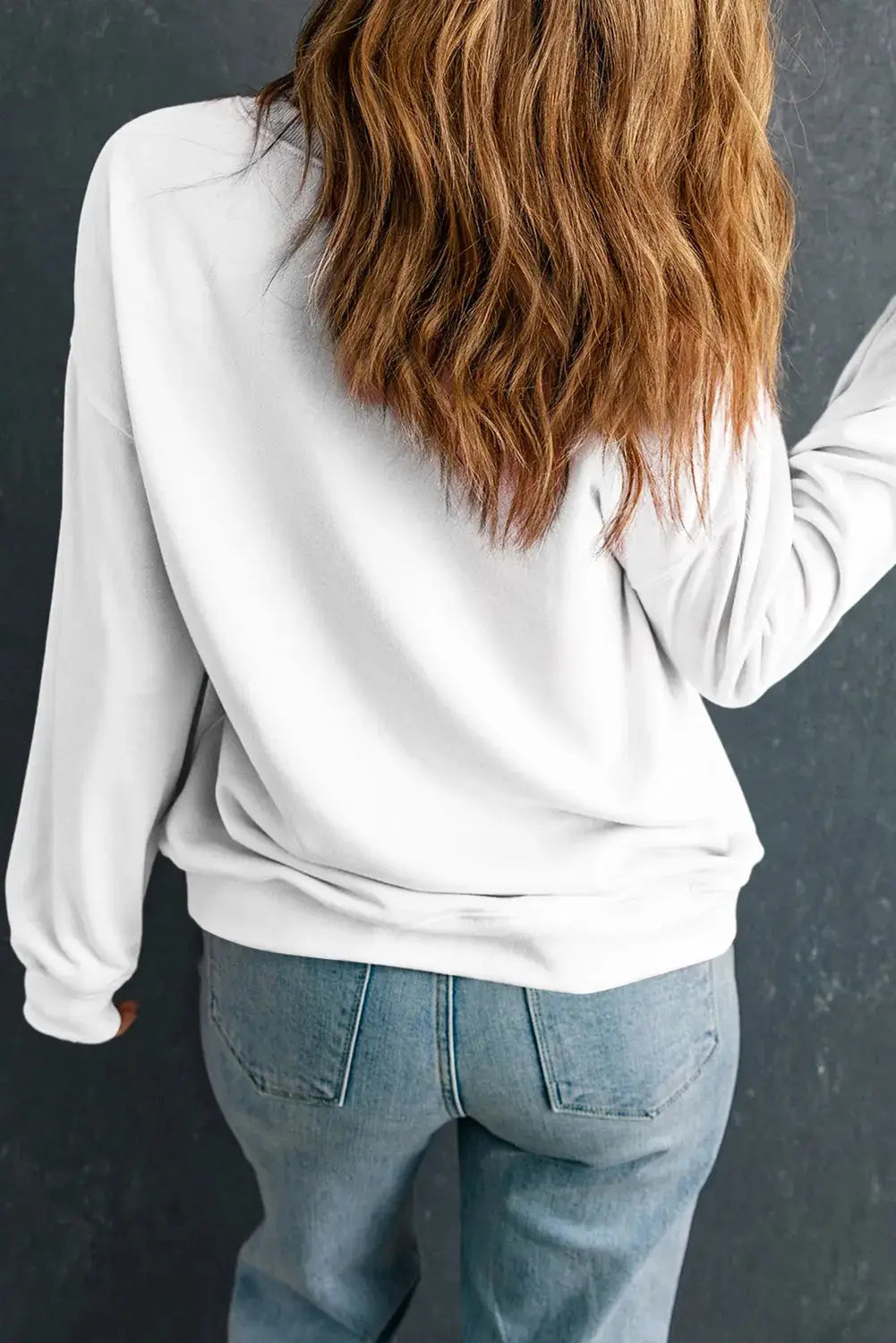 Back view of JOY round neck long sleeve sweatshirt