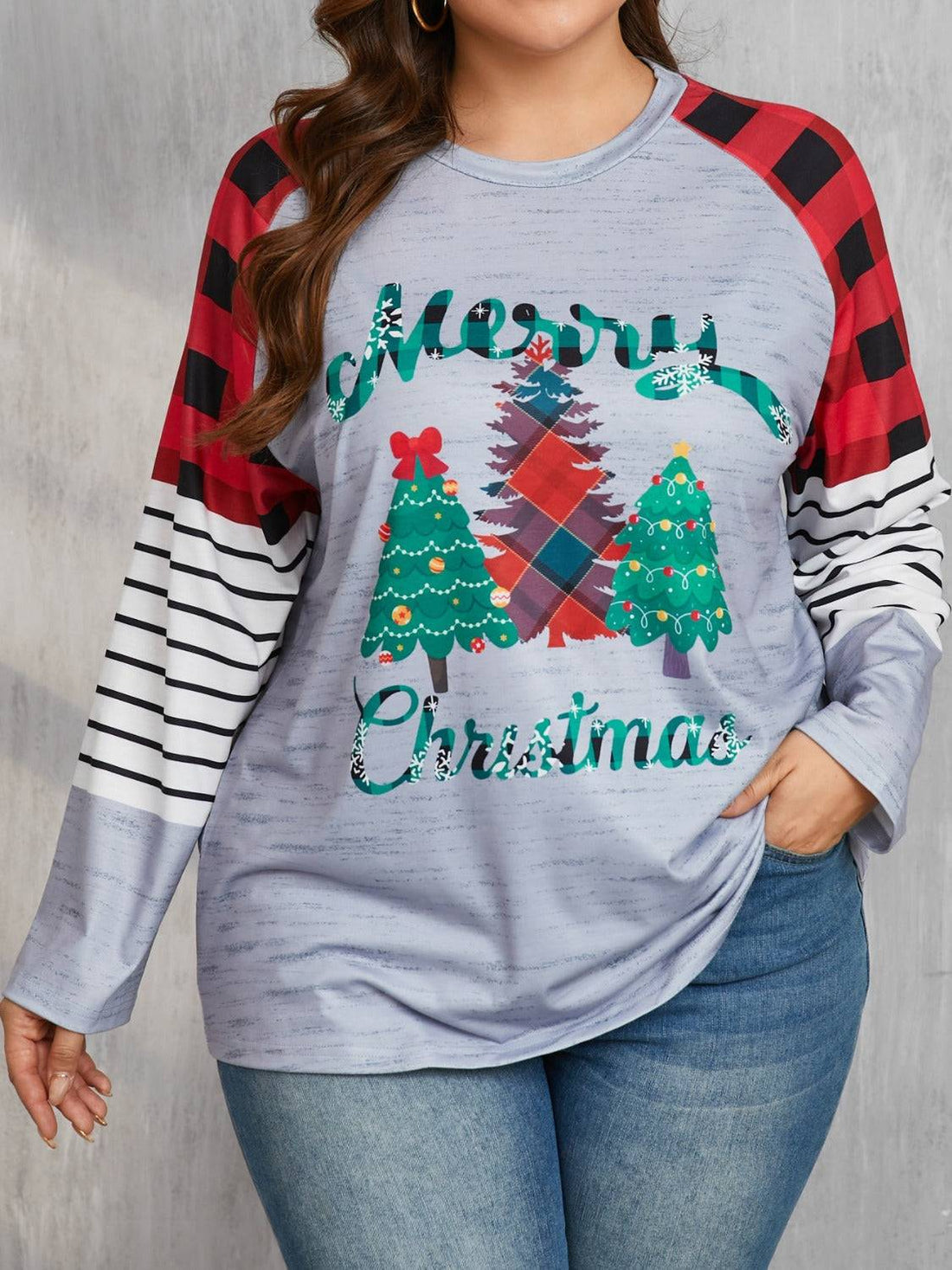 Plus size Christmas tree plaid long sleeve T-shirt front