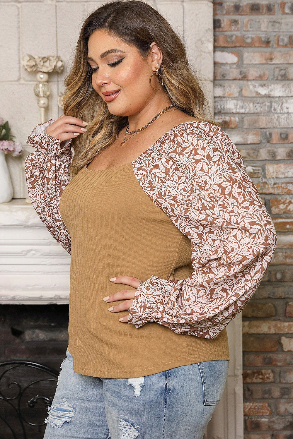 Plus Size Floral Square Neck Flounce Sleeve Blouse