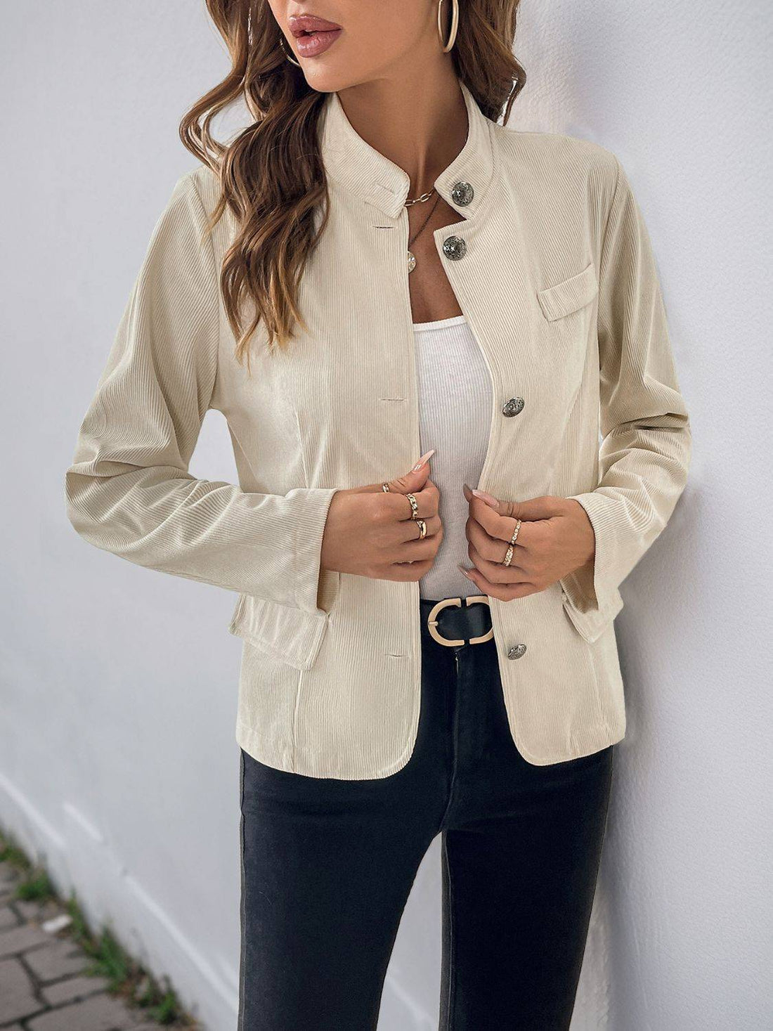 Perfee button up mock neck jacket, front view