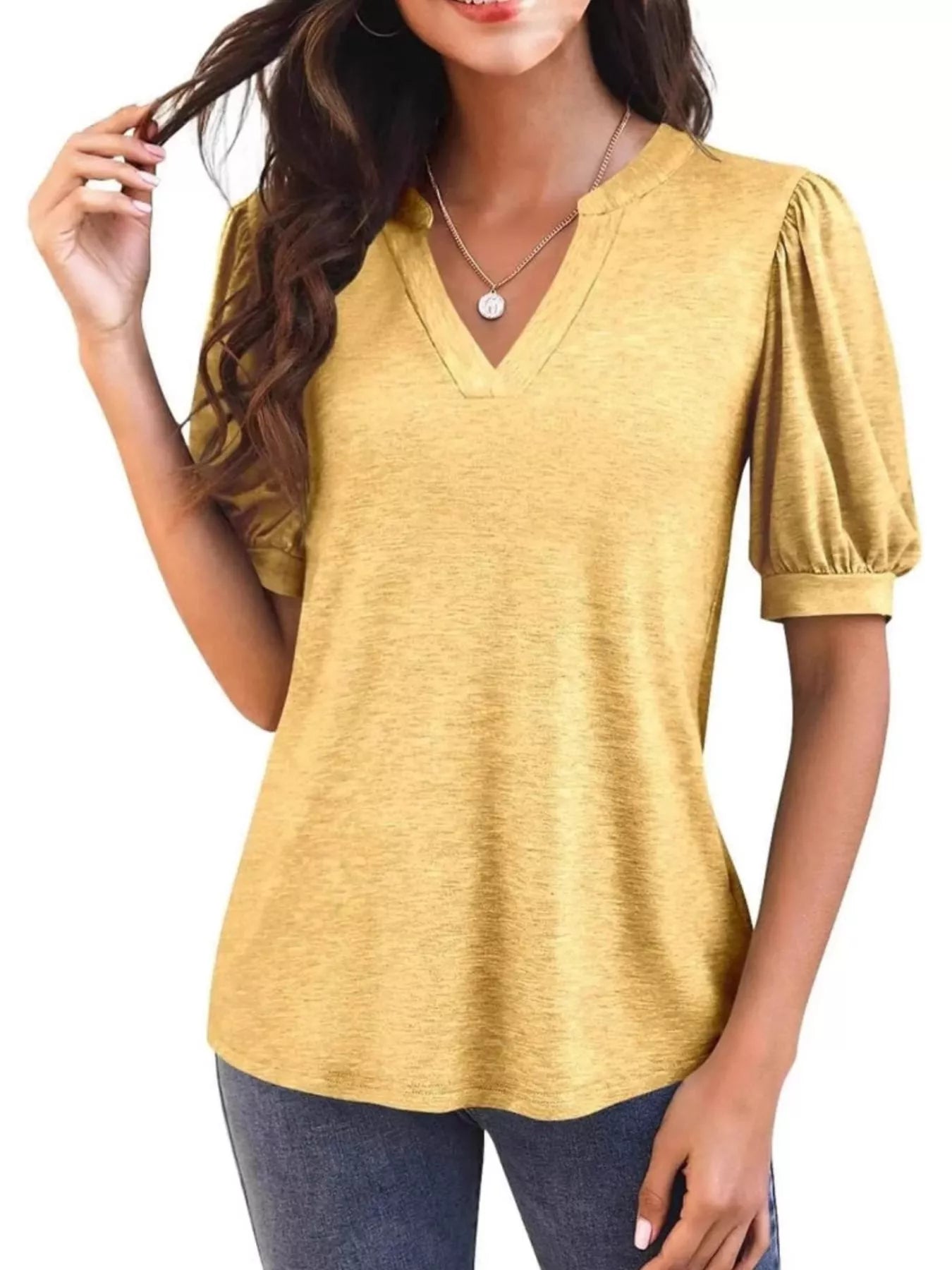Puff Sleeve Notched Casual T-Shirt