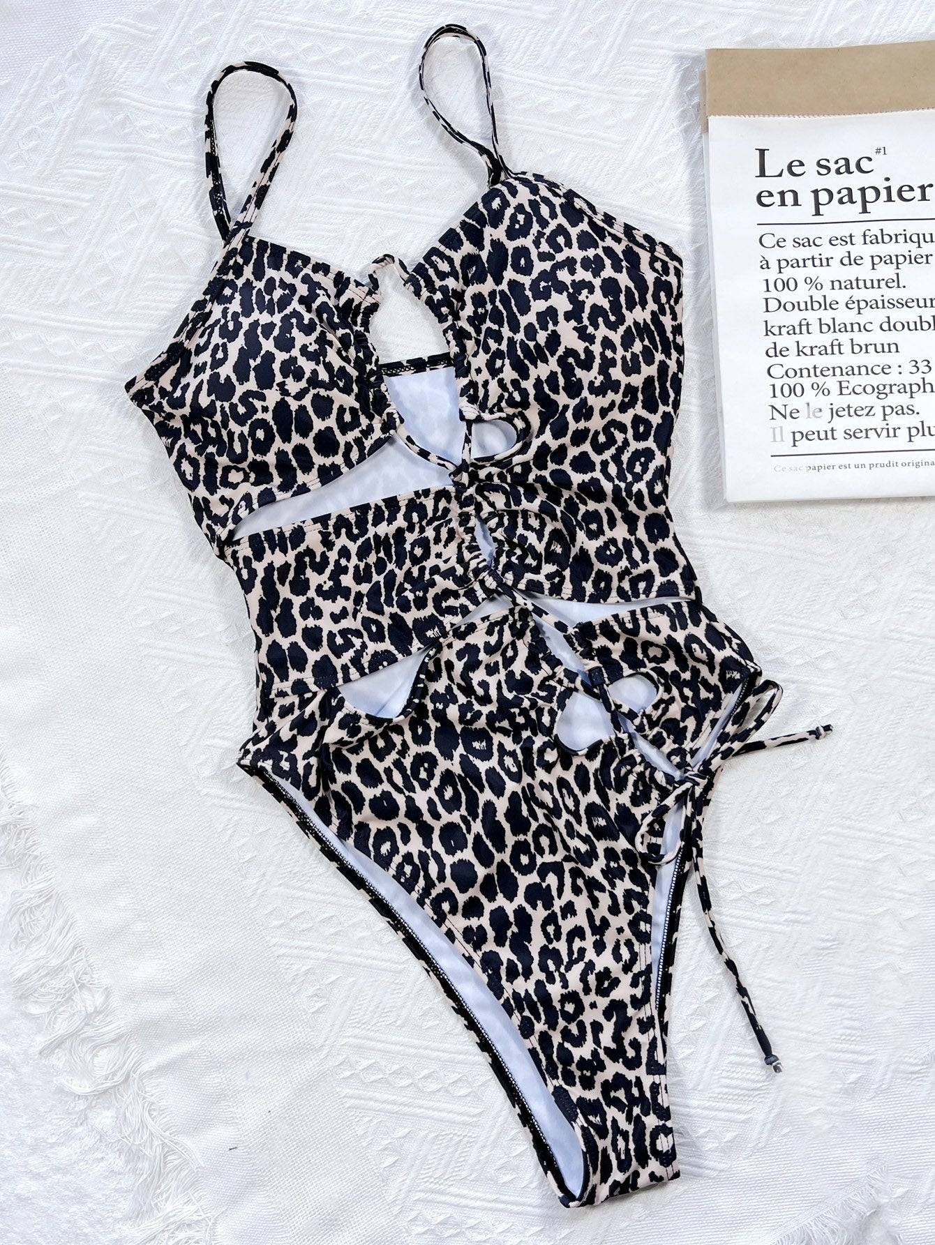 Leopard cutout tied swimsuit laid flat front