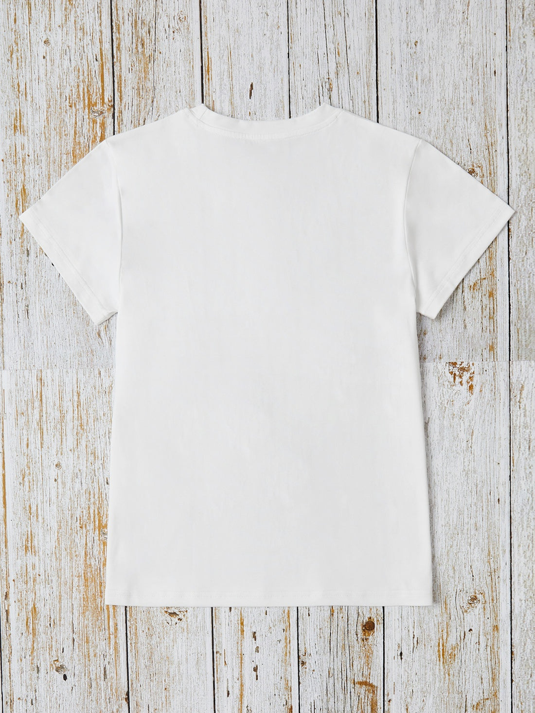 Back view of white round neck short sleeve t-shirt