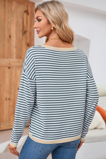 Striped Round Neck Drop Shoulder T-Shirt