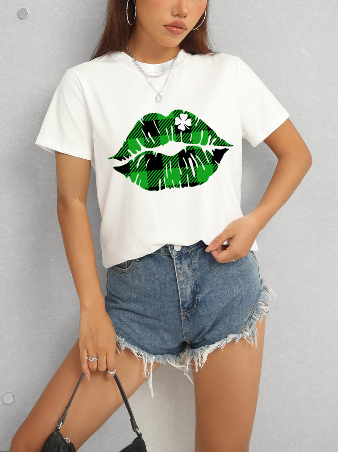 White plaid lip graphic t-shirt with denim shorts