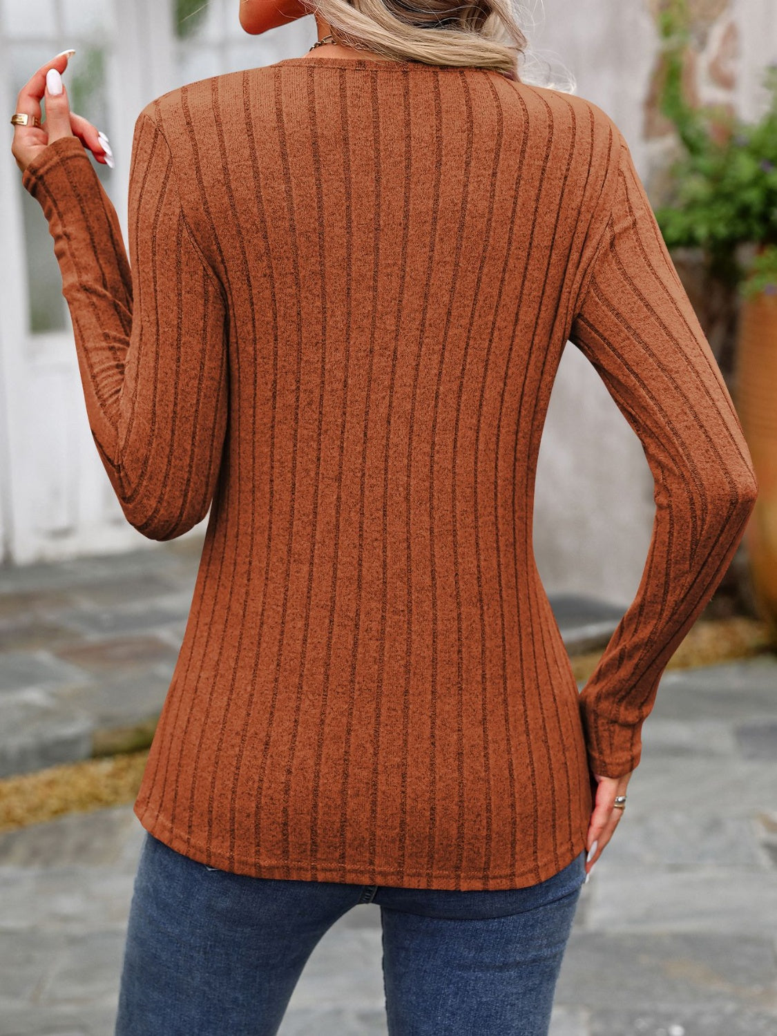 Decorative Button Round Neck Long Sleeve T-Shirt