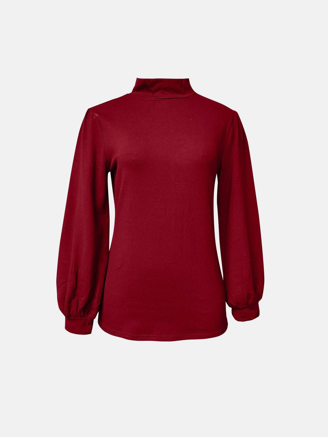 Red full size mock neck long sleeve t-shirt, front view