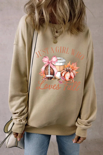 Beige sweatshirt with fall-themed graphic and text