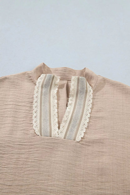 Crochet Lace Accent Pullover Rolled Short Sleeve Blouse
