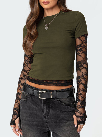 Lace Sleeve Fitted T-Shirt