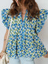 Floral Print Ruffle Sleeve Tie Neck Blouse