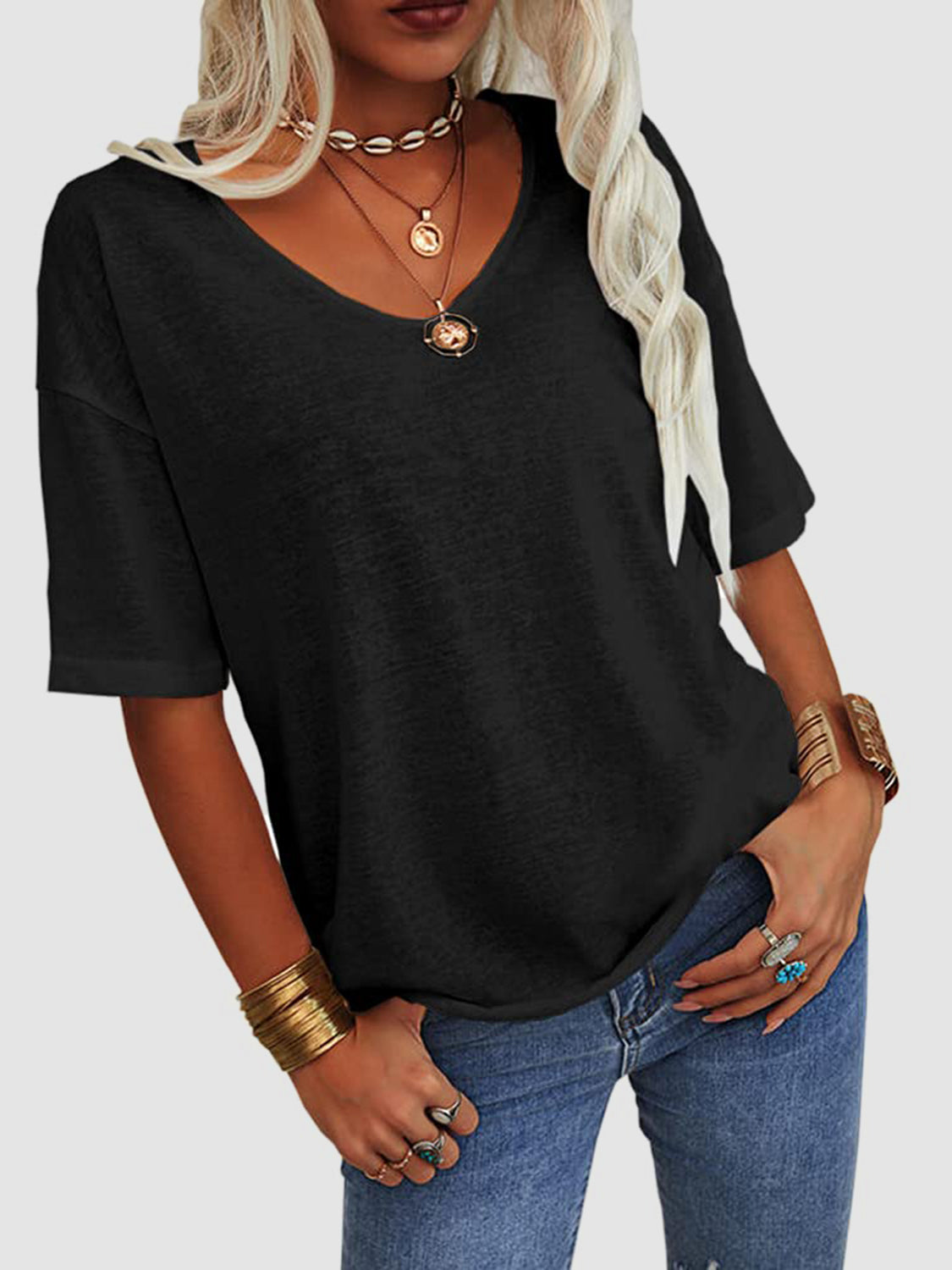 V-Neck Dropped Shoulder Half Sleeve T-Shirt