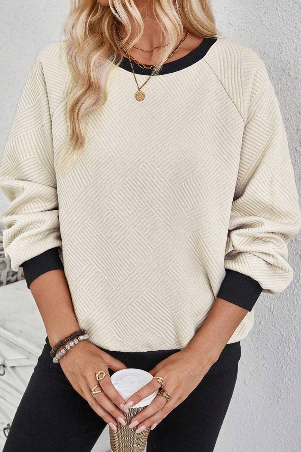 Texture Contrast Long Sleeve Sweatshirt