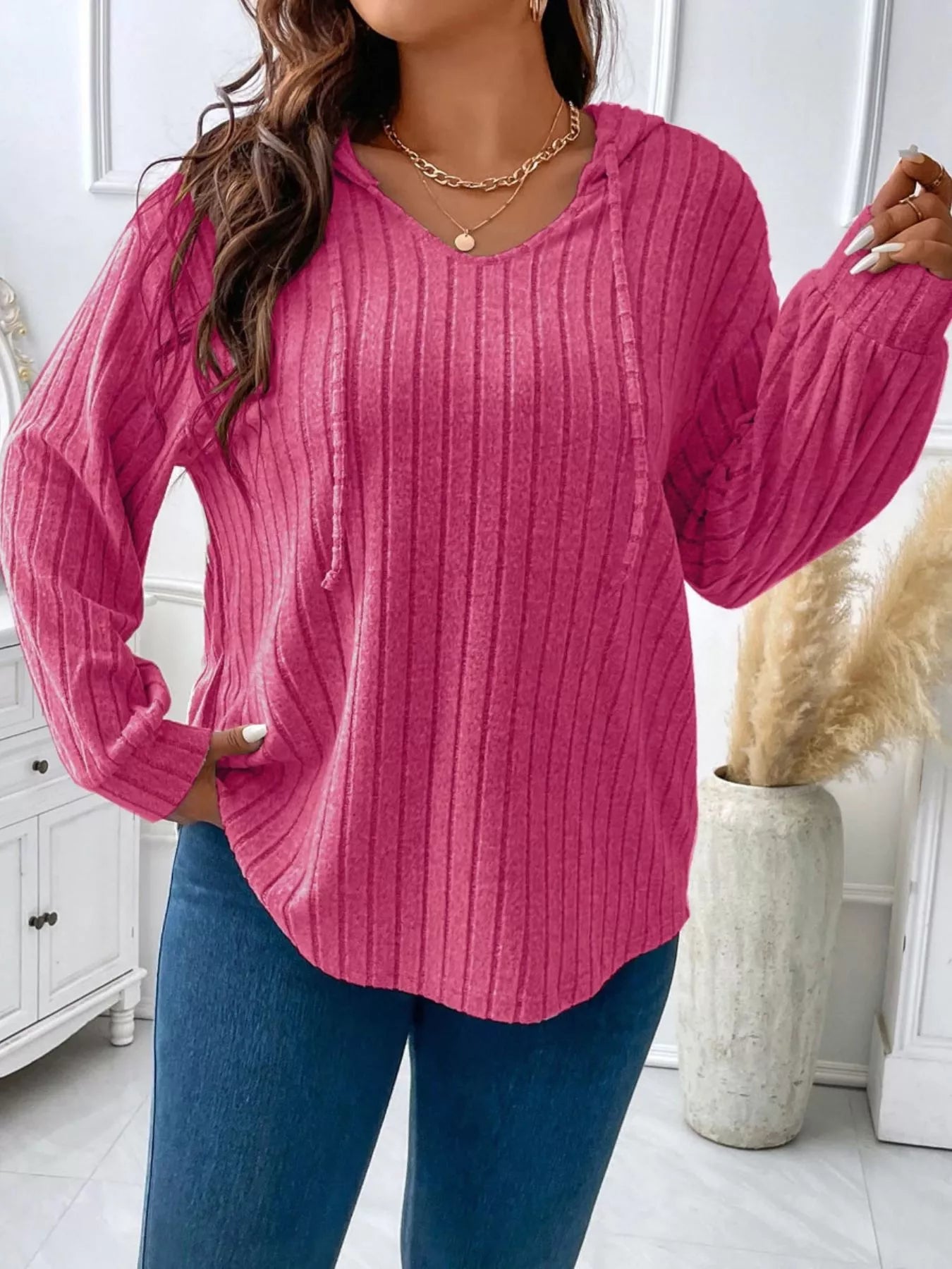 Ribbed Knit Drawstring Hooded T-Shirt