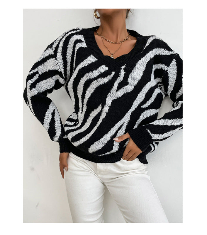 Damen-Pullover mit V-Ausschnitt, schwarzer Zebra-Pullover 