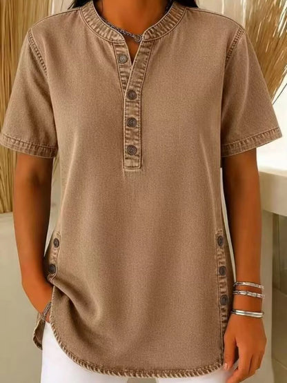Full Size Button Detail Short Sleeve Blouse Plus Size