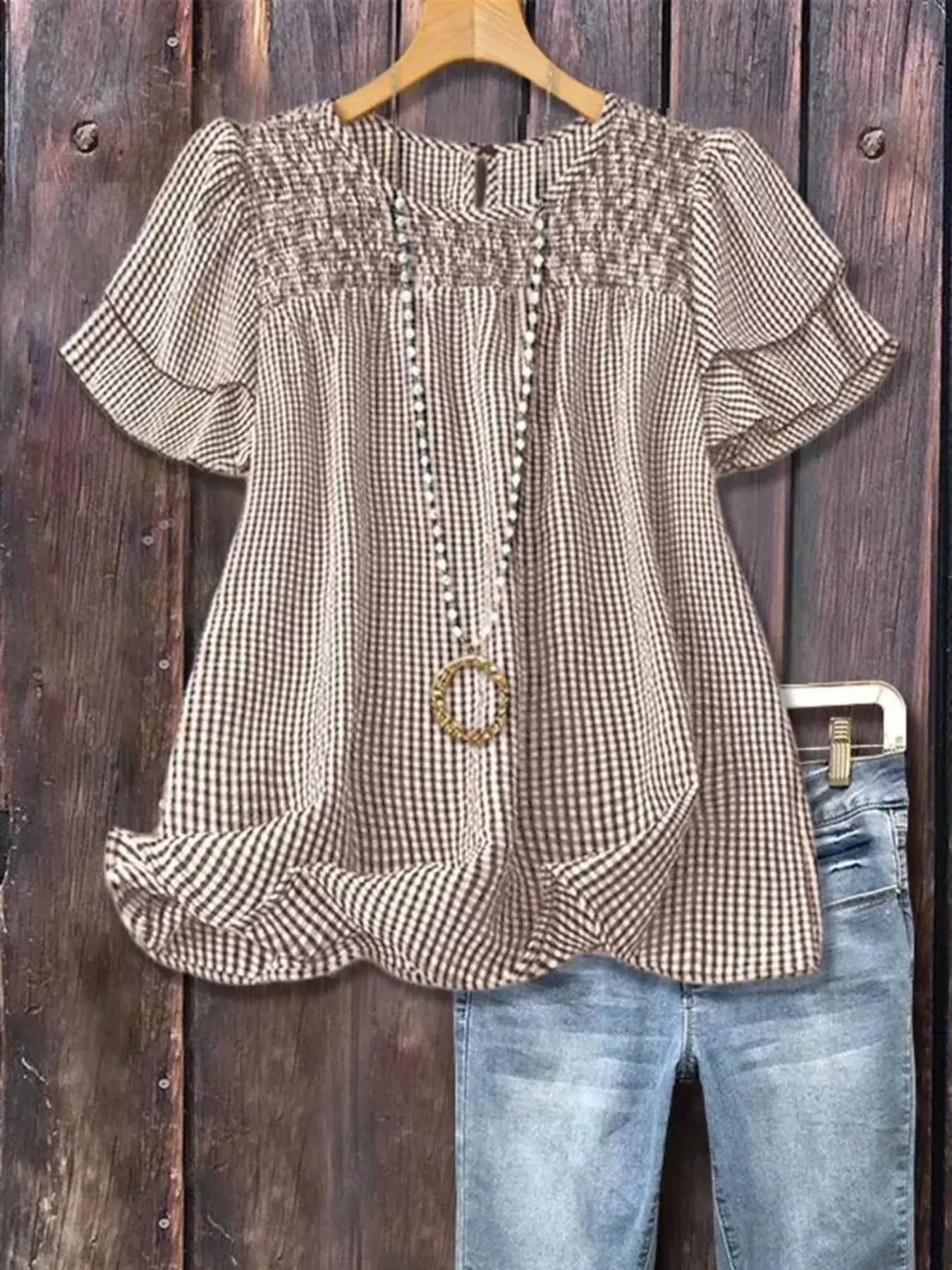 Full Size Gingham Smocked Ruffle Sleeve Blouse Plus Size