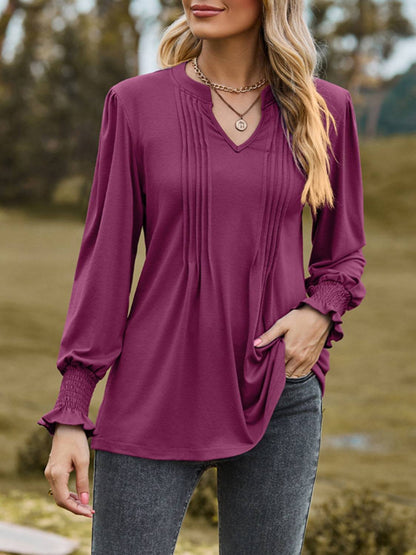 Purple ruched notched long sleeve T-shirt close-up