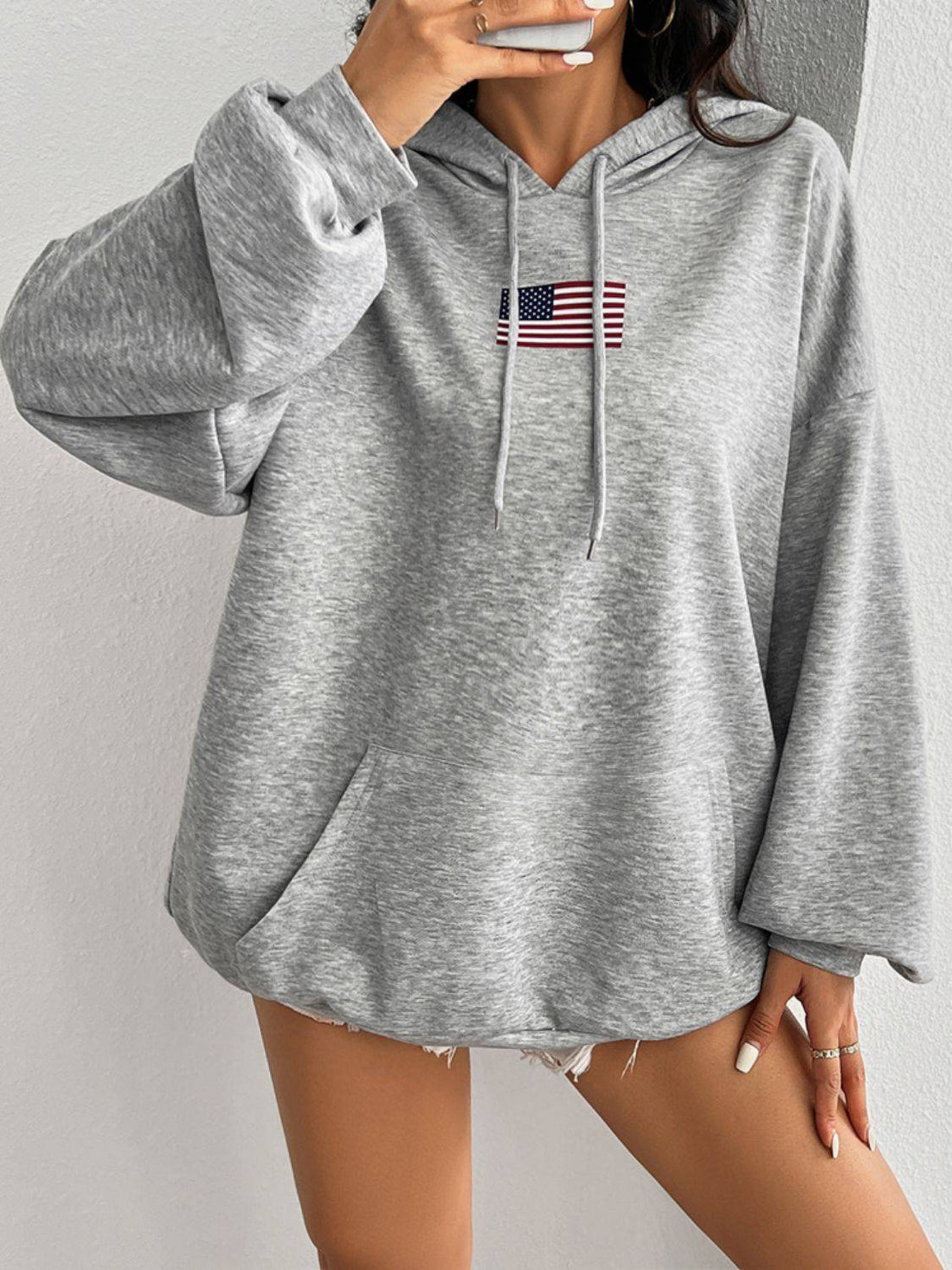 Gray hoodie with US flag, front view