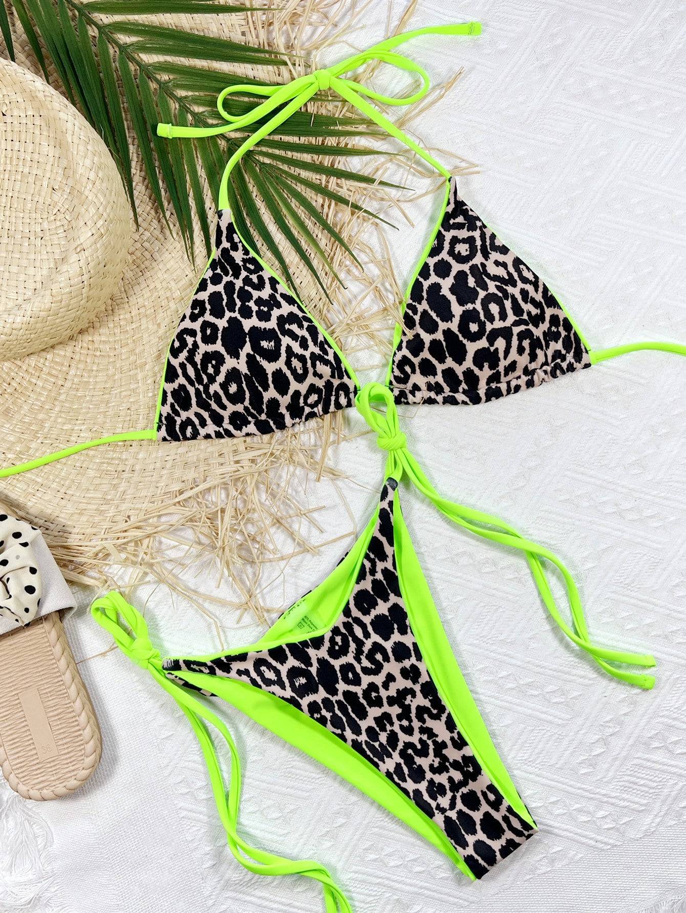 Black leopard print bikini with neon green trim