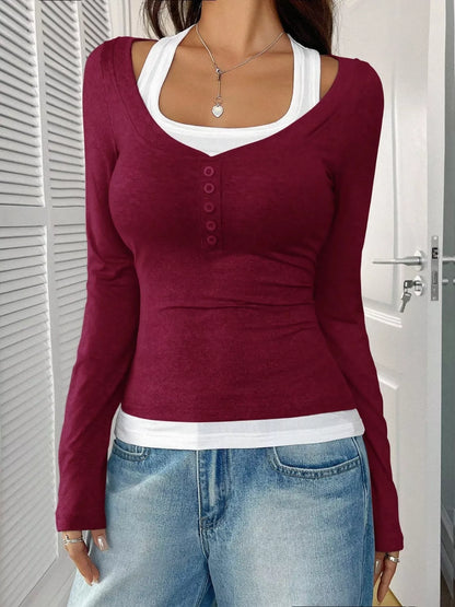 Contrast Long Sleeve Fake Two-Piece T-Shirt