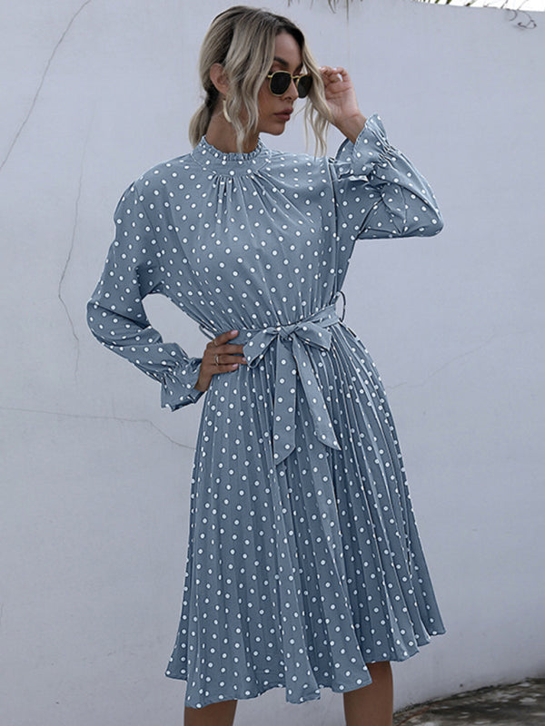 Robe Slim à manches longues et col roulé plissé pour femmes, Vintage, à pois 