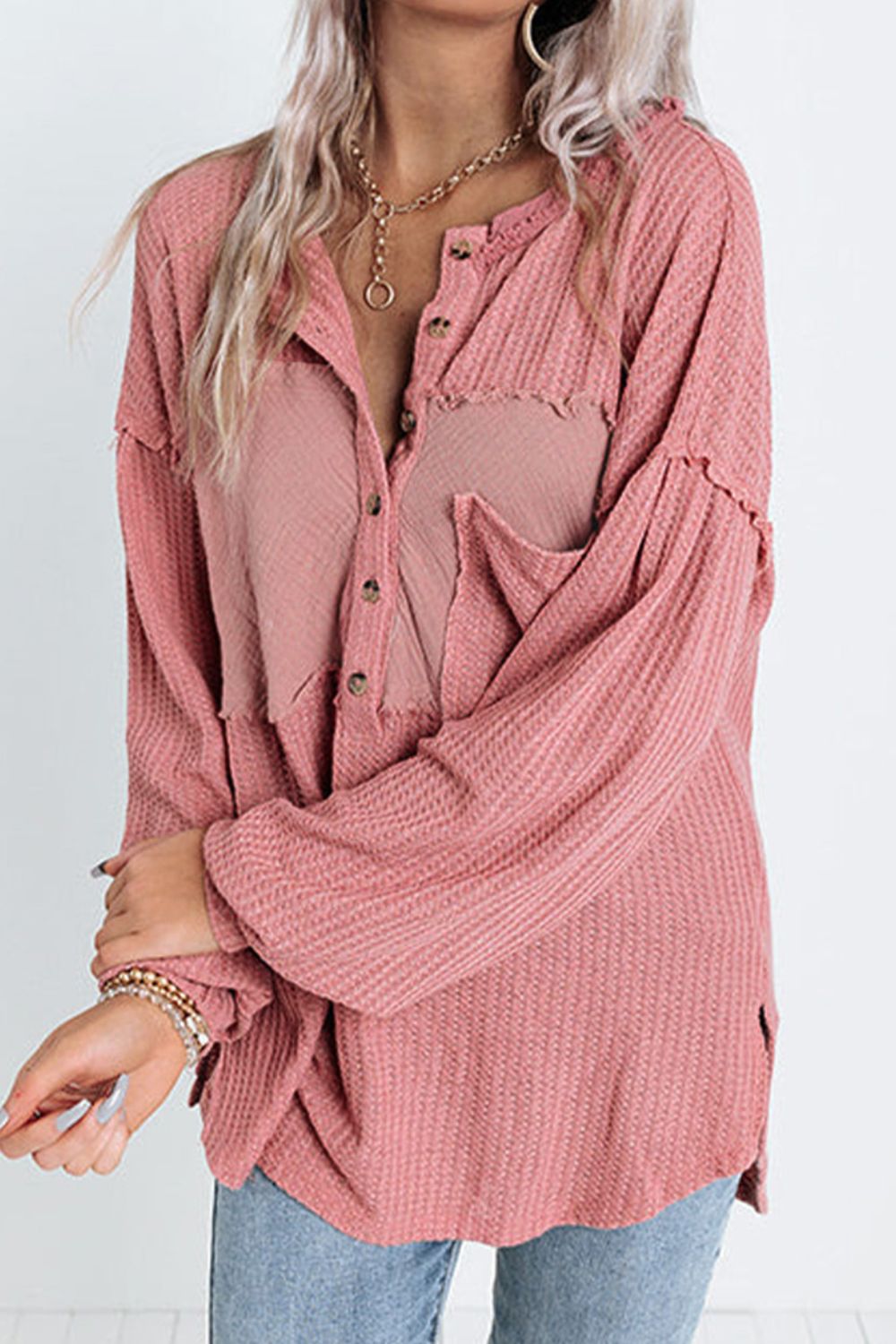 Half Button Raw Hem Long Sleeve Blouse