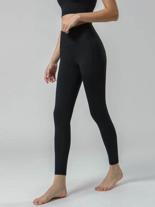 Doppelseitig gebürstete Yoga-Neunte-Hose, hohe Taille, Tasche, Sport-Yoga-Hose für Damen 