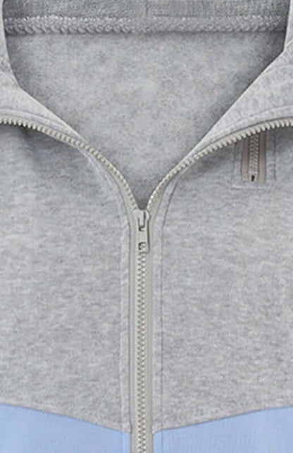 Langarm-Sweatshirt aus Samt mit doppeltem Reißverschluss und Farbblock-Kapuze 