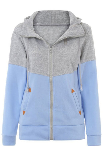 Double Zipper Color Block Hooded Long-Sleeved Plus Velvet Sweatshirt