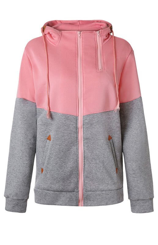 Double Zipper Color Block Hooded Long-Sleeved Plus Velvet Sweatshirt