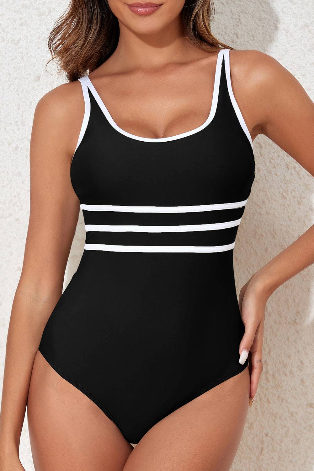 Black scoop neck one-piece swimwear with contrast trim