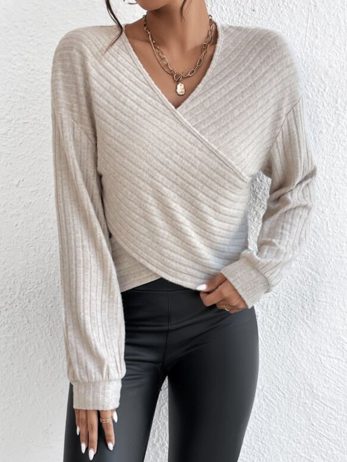 Surplice Dropped Shoulder Long Sleeve T-Shirt