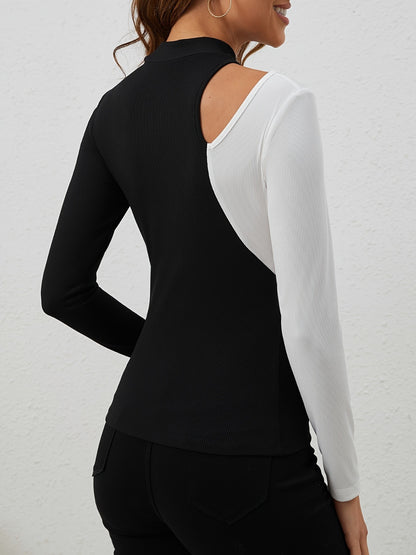 Cutout Contrast Mock Neck Long Sleeve T-Shirt