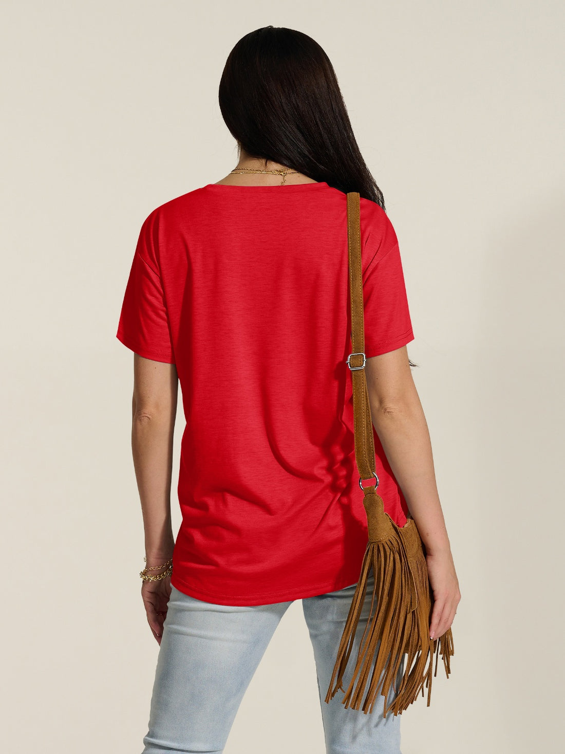Back view of red round neck T-shirt with dropped shoulders