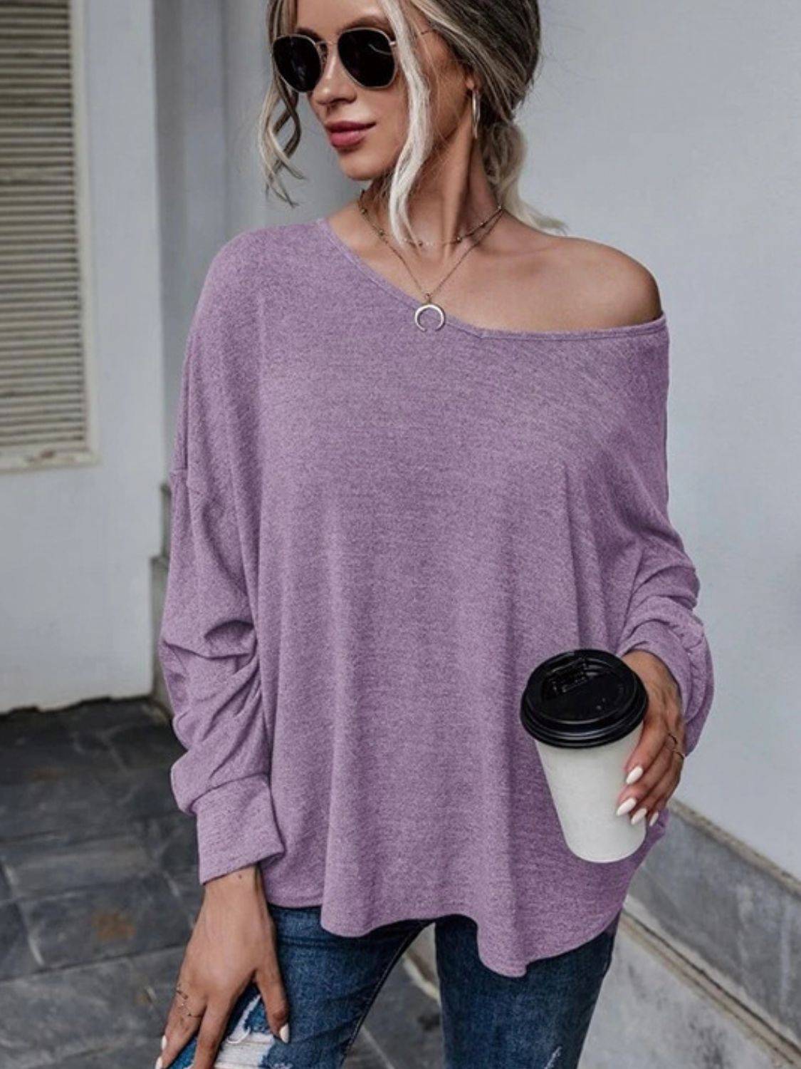 Purple drop shoulder long sleeve T-shirt, off-shoulder look